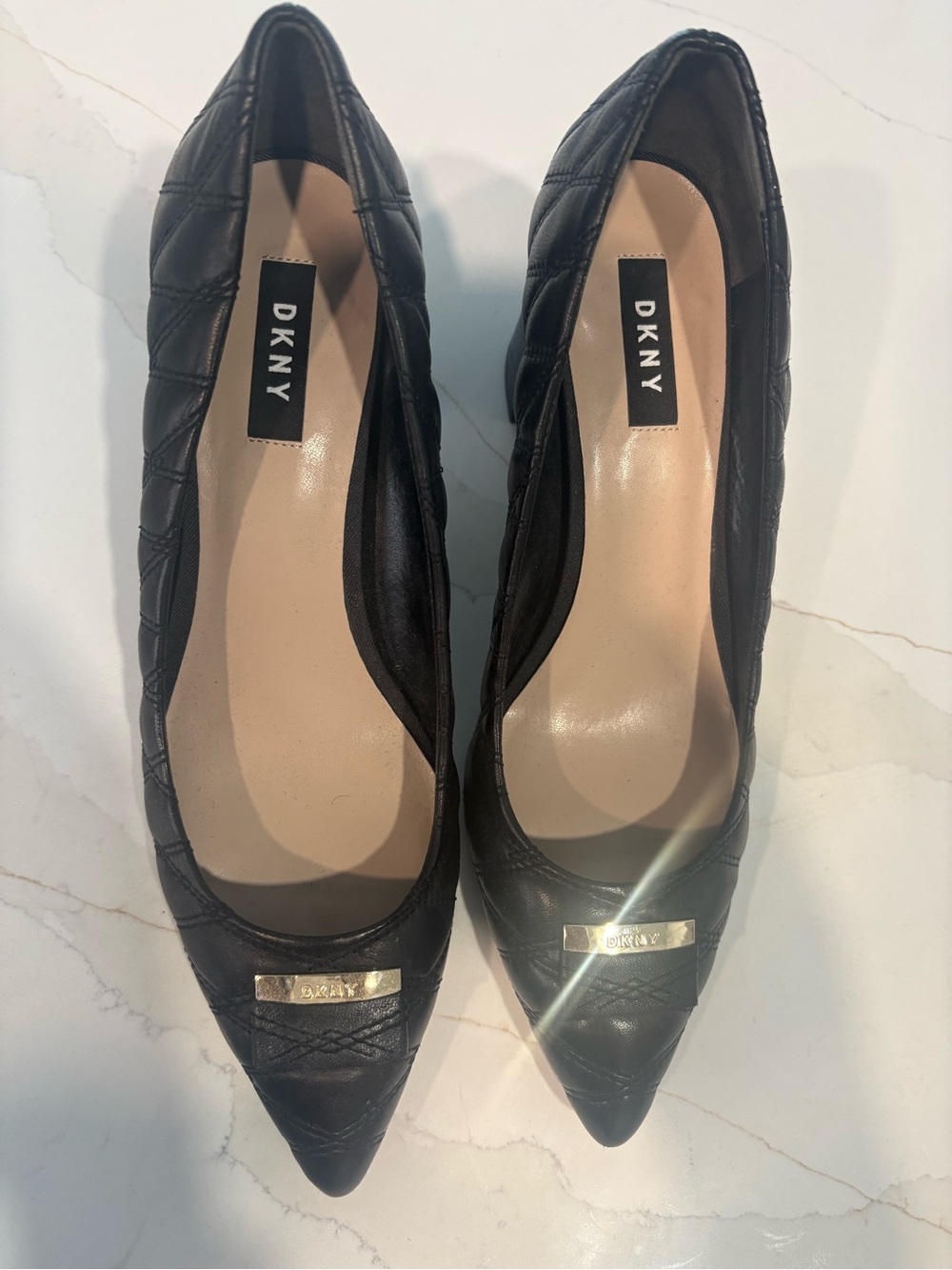 DKNY Black Quilted Pointed-Toe Block-Heeled Pumps with Gold Plaque